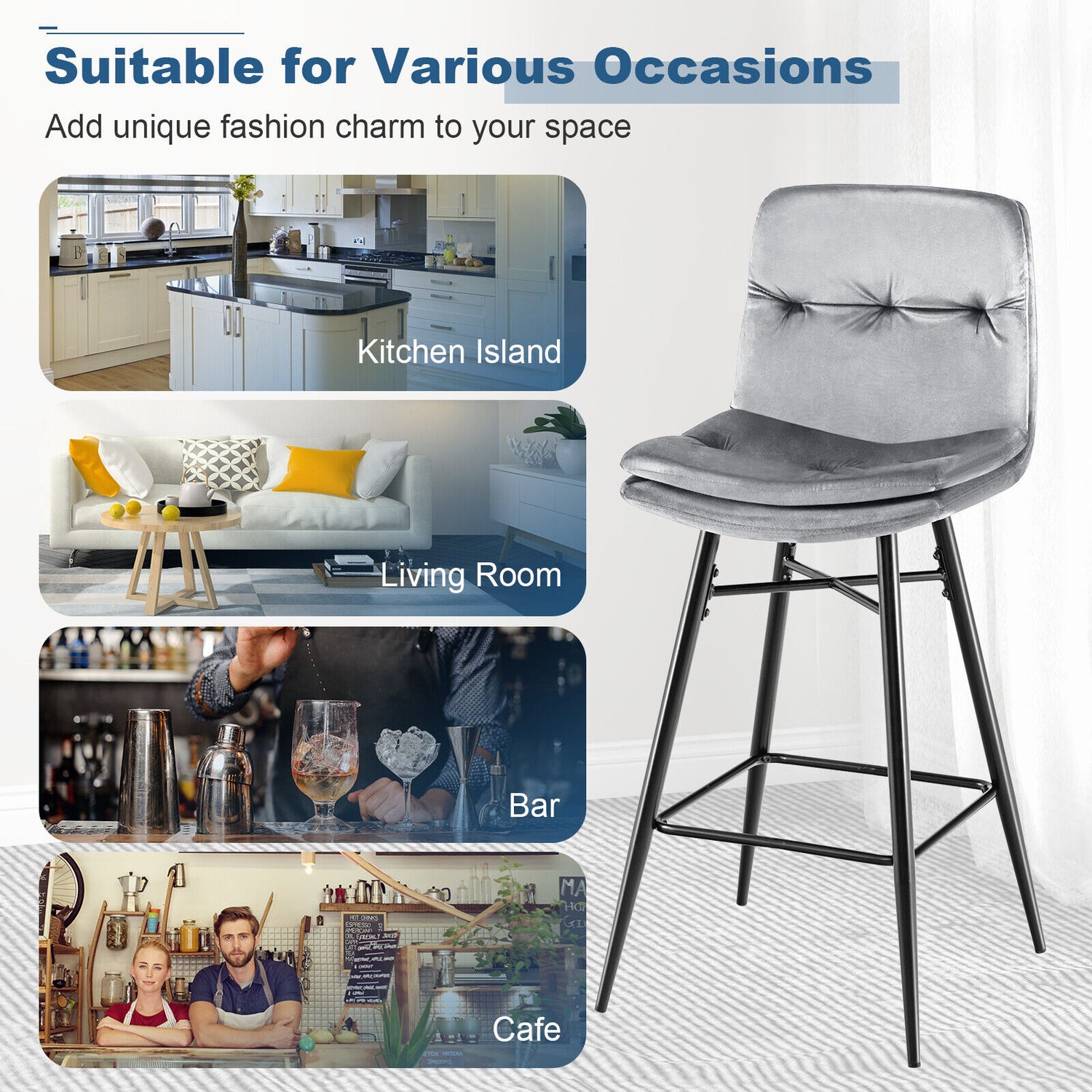 2 Pieces 29 Inch Velvet Bar Stools Set with Tufted Back and Footrests-Gray