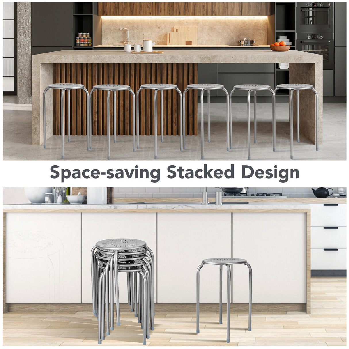 Set of 6 Stackable Multifunctional Daisy Design Backless Round Metal Stool Set