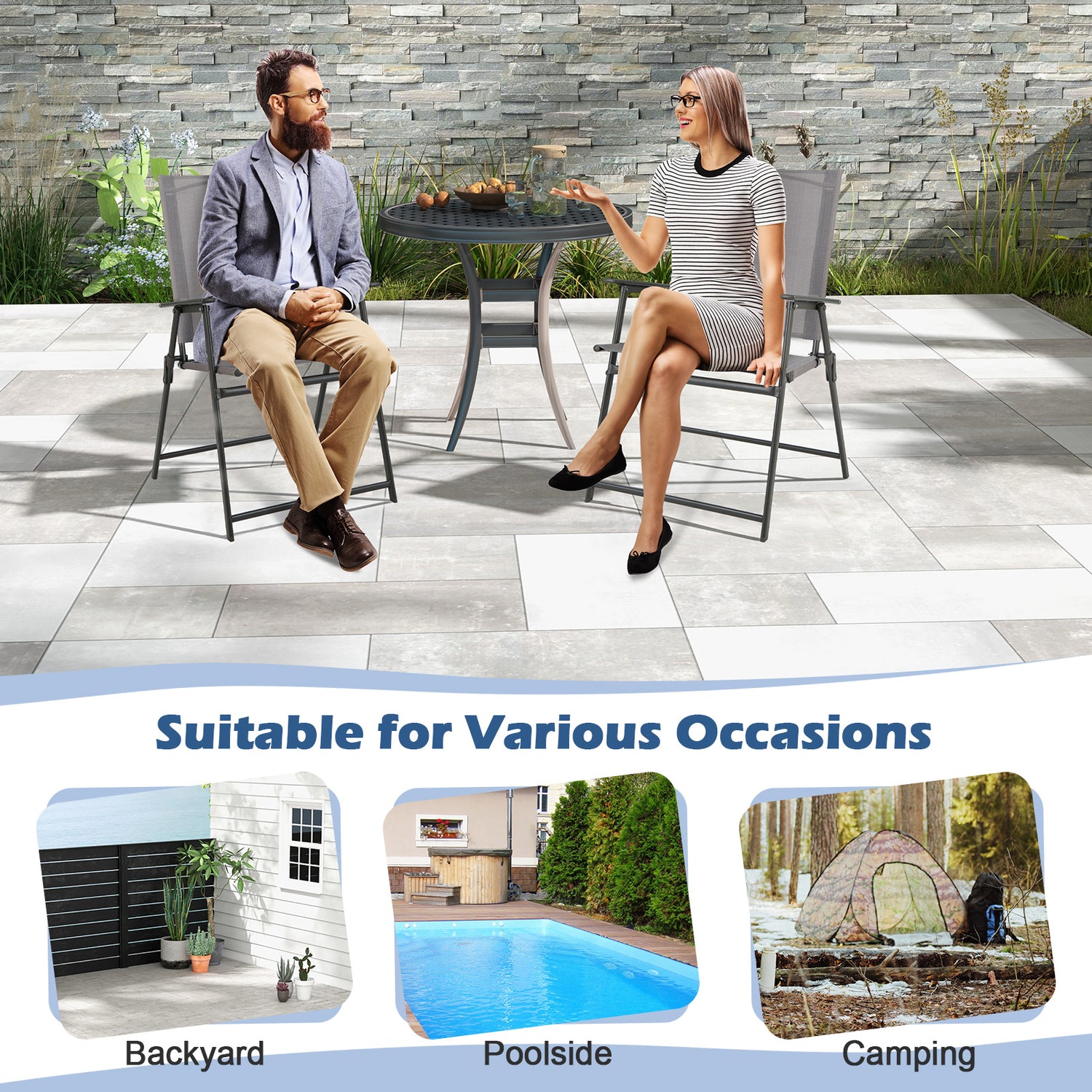 2 Pieces Patio Folding Chairs with Armrests for Deck Garden Yard