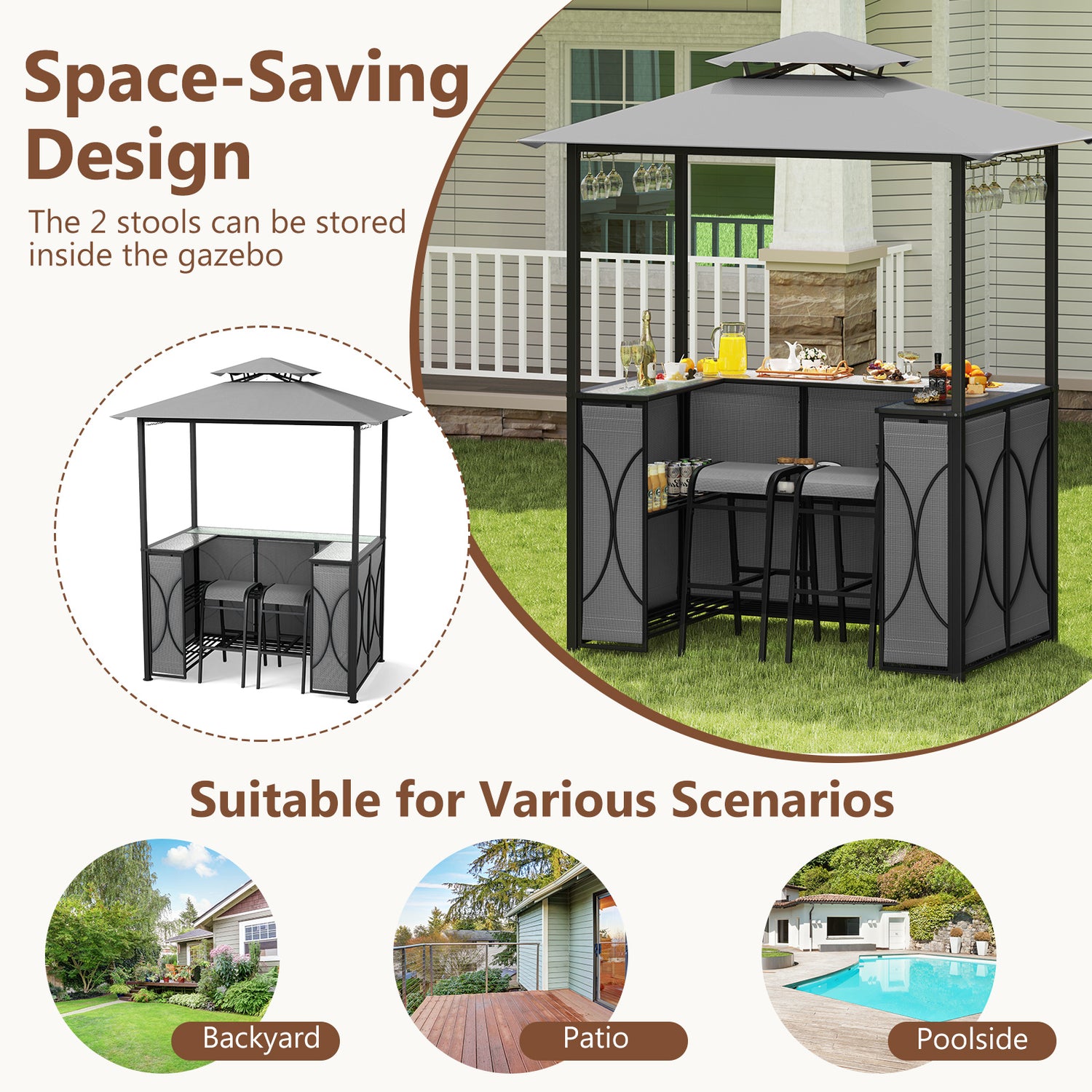6.5 x 4 x 8 FT Grill Gazebo Set with 2 Bar Stools and Bar Table