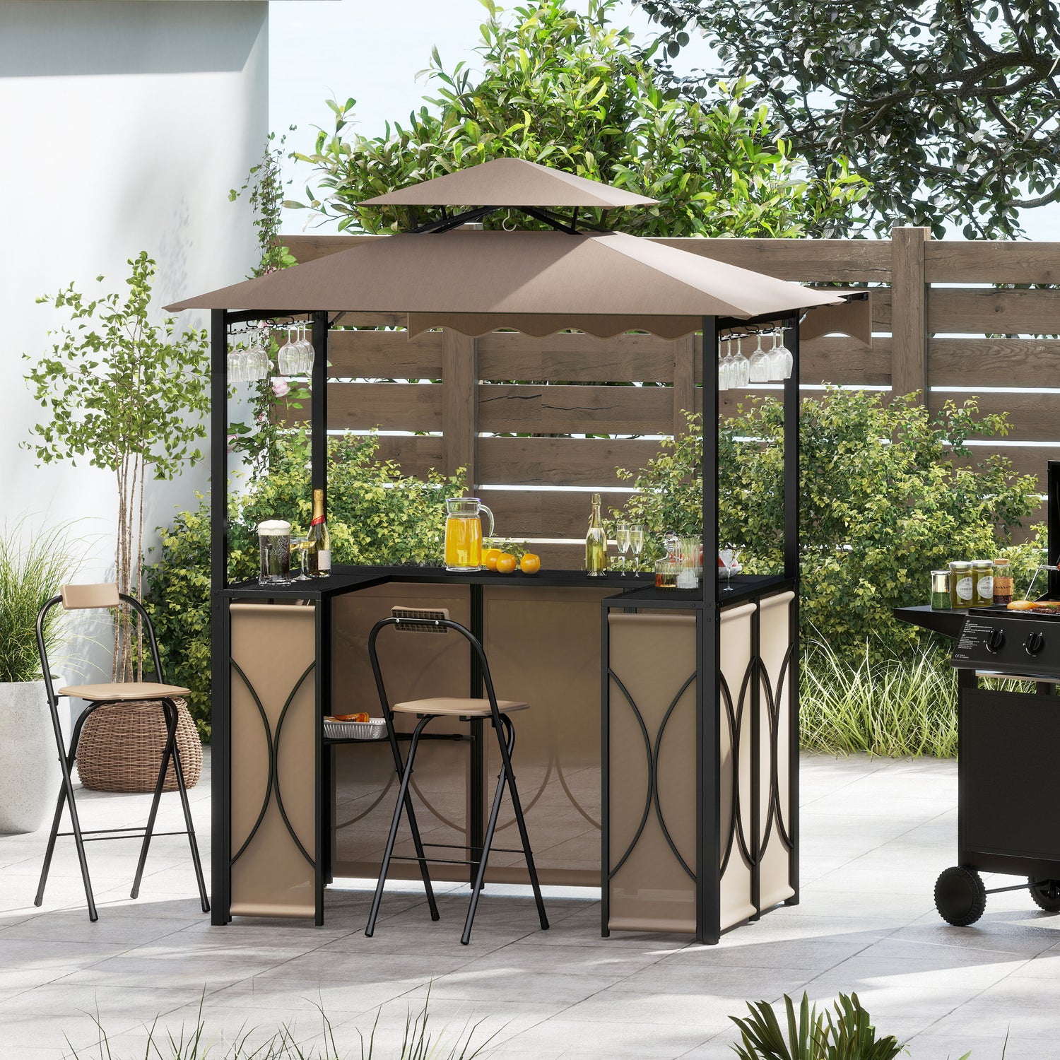Grill Gazebo with Awning 3-Piece Outdoor BBQ Canopy Double-Tier Soft Top Barbecue Shelter