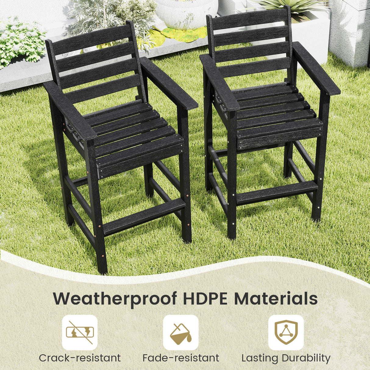 Patio HDPE Adirondack Bar Chairs Set of 2 with Wide Armrests