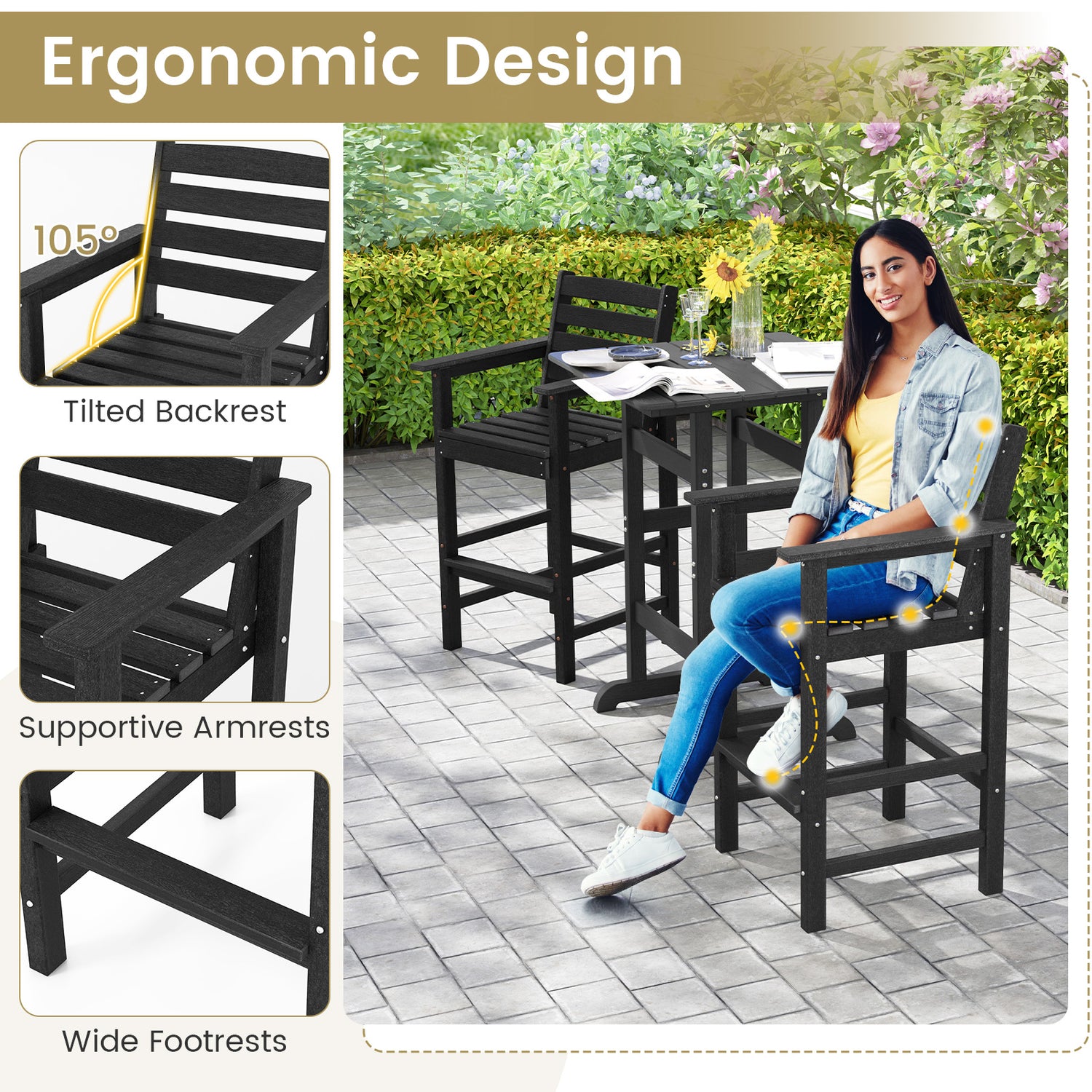 Patio HDPE Adirondack Bar Chairs Set of 2 with Wide Armrests