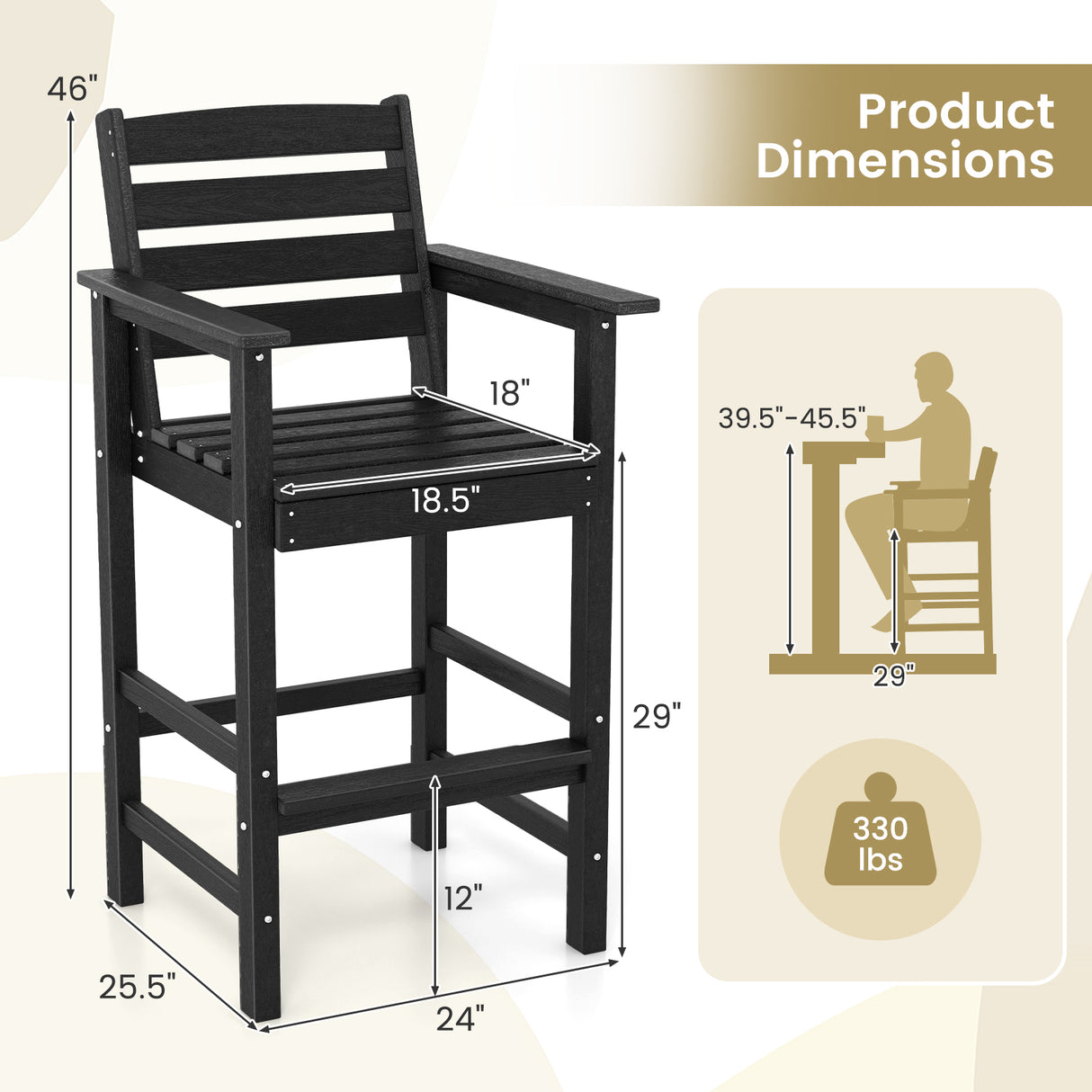 Patio HDPE Adirondack Bar Chairs Set of 2 with Wide Armrests