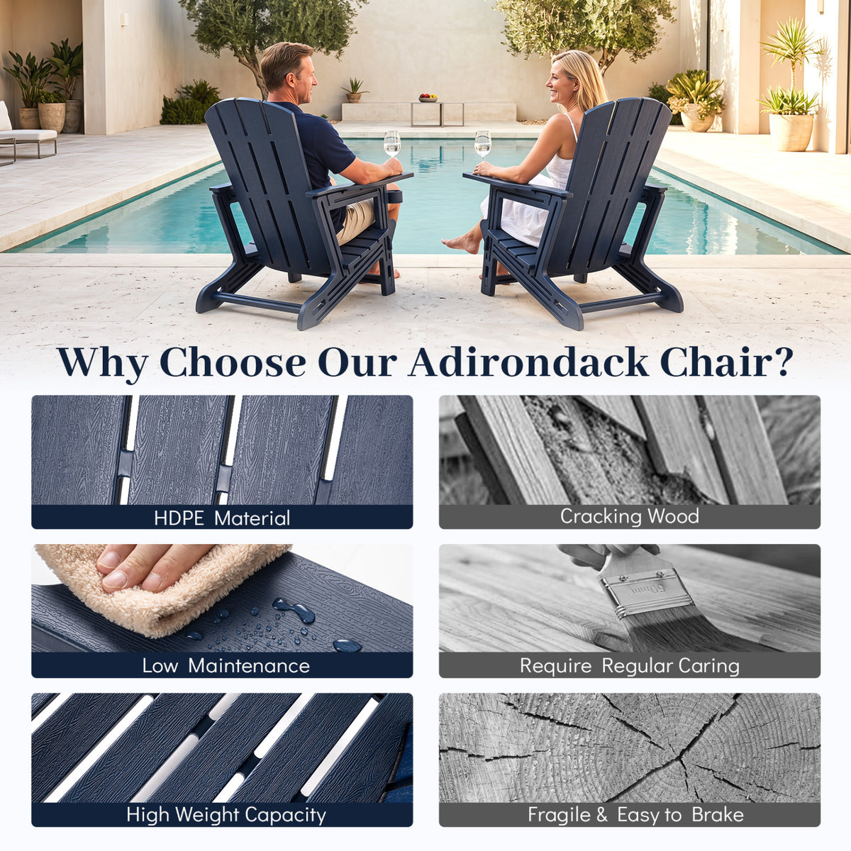 HDPE Adirondack Chairs with Realistic Wood Grain for Backyard Lawn