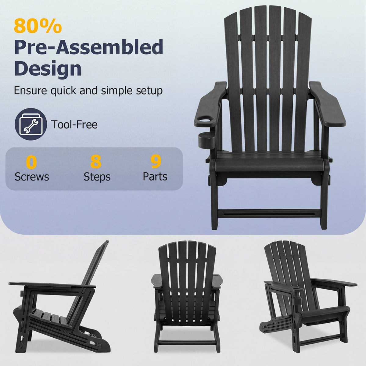 HDPE Adirondack Chair with Cup Holder and Wooden Texture for Patio