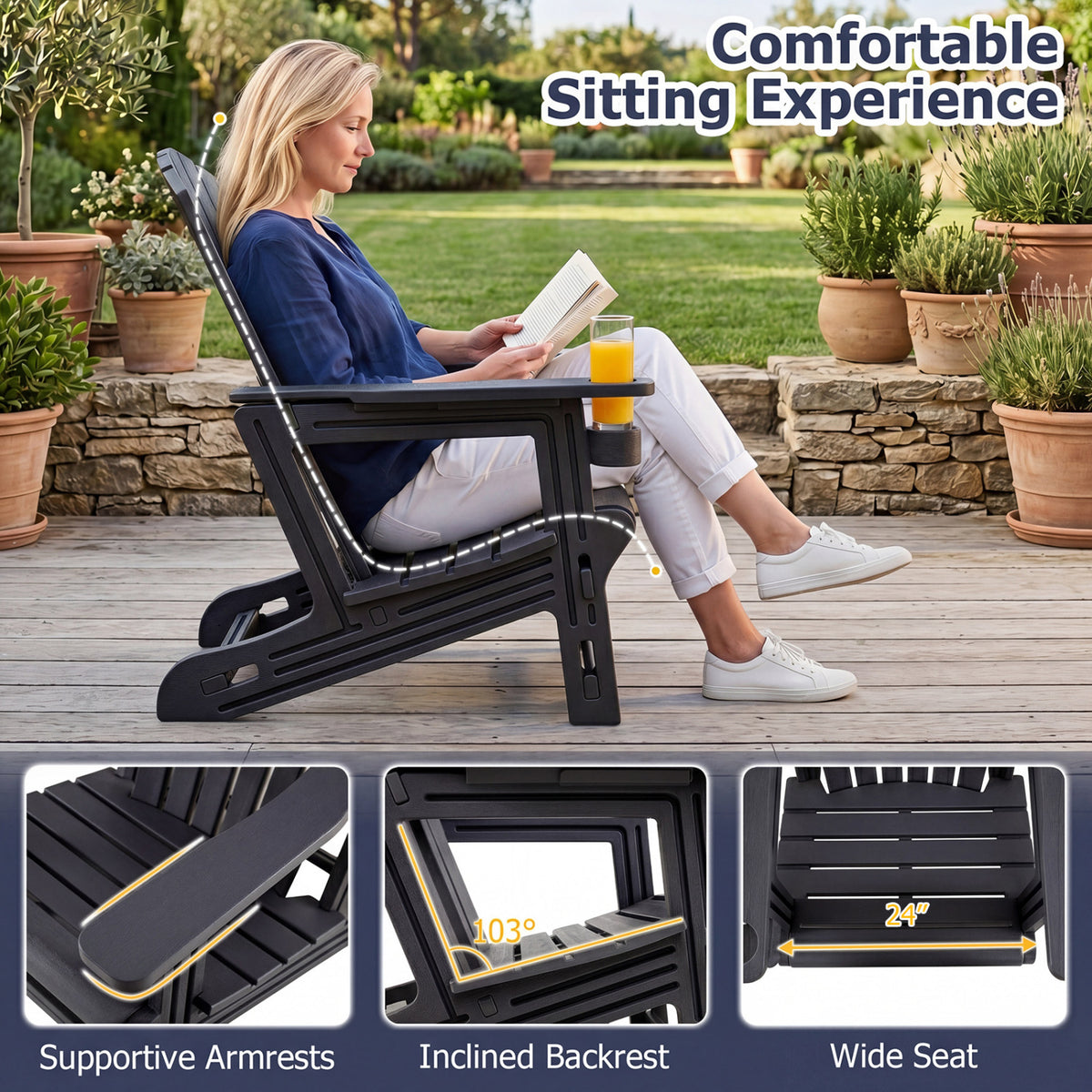 HDPE Adirondack Chair with Cup Holder and Wood-Like Texture High Back for Garden