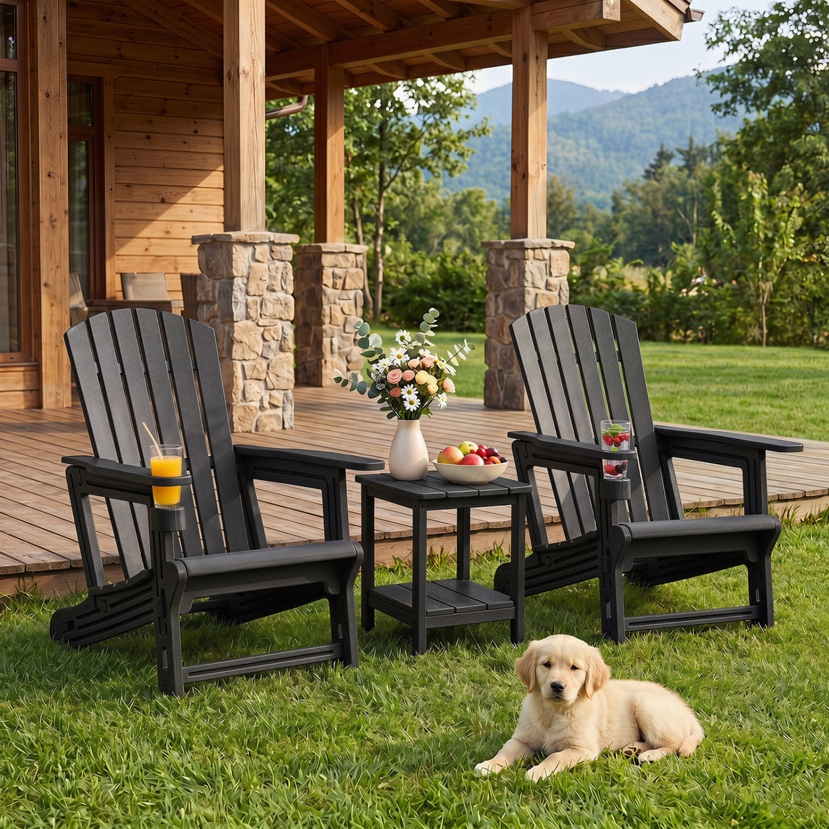 HDPE Adirondack Chair with Cup Holder and Wood-Like Texture High Back for Garden