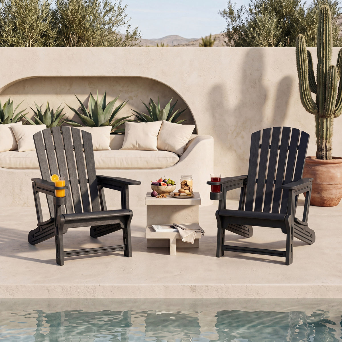 HDPE Adirondack Chair with Cup Holder and Wood-Like Texture High Back for Garden