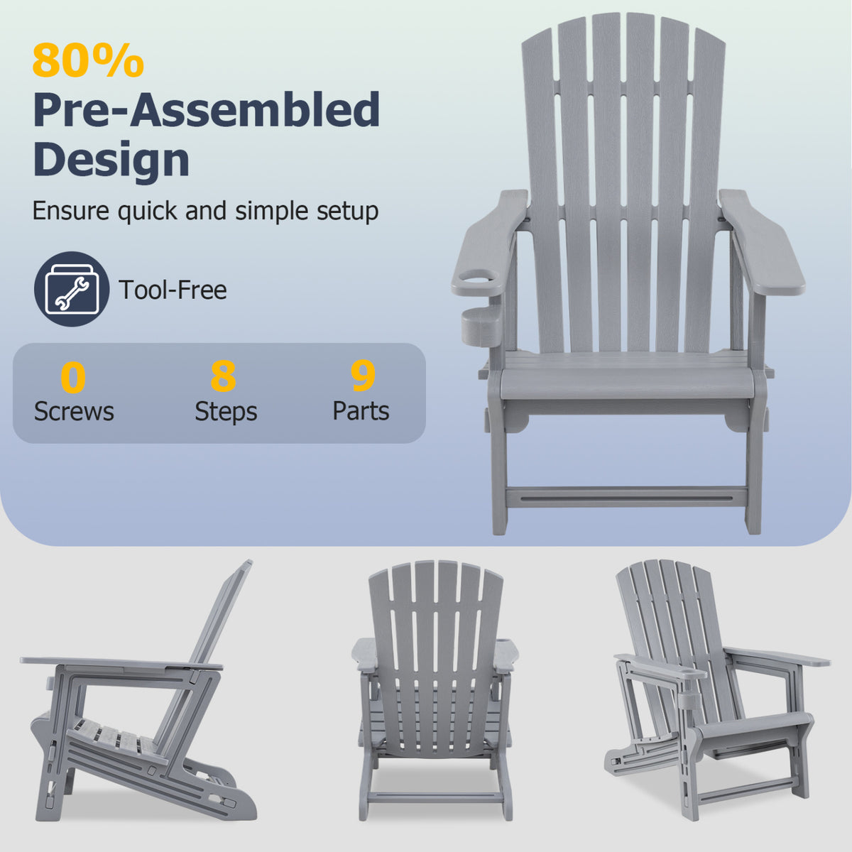 HDPE Adirondack Chair with Cup Holder and Wood-Like Texture High Back for Garden
