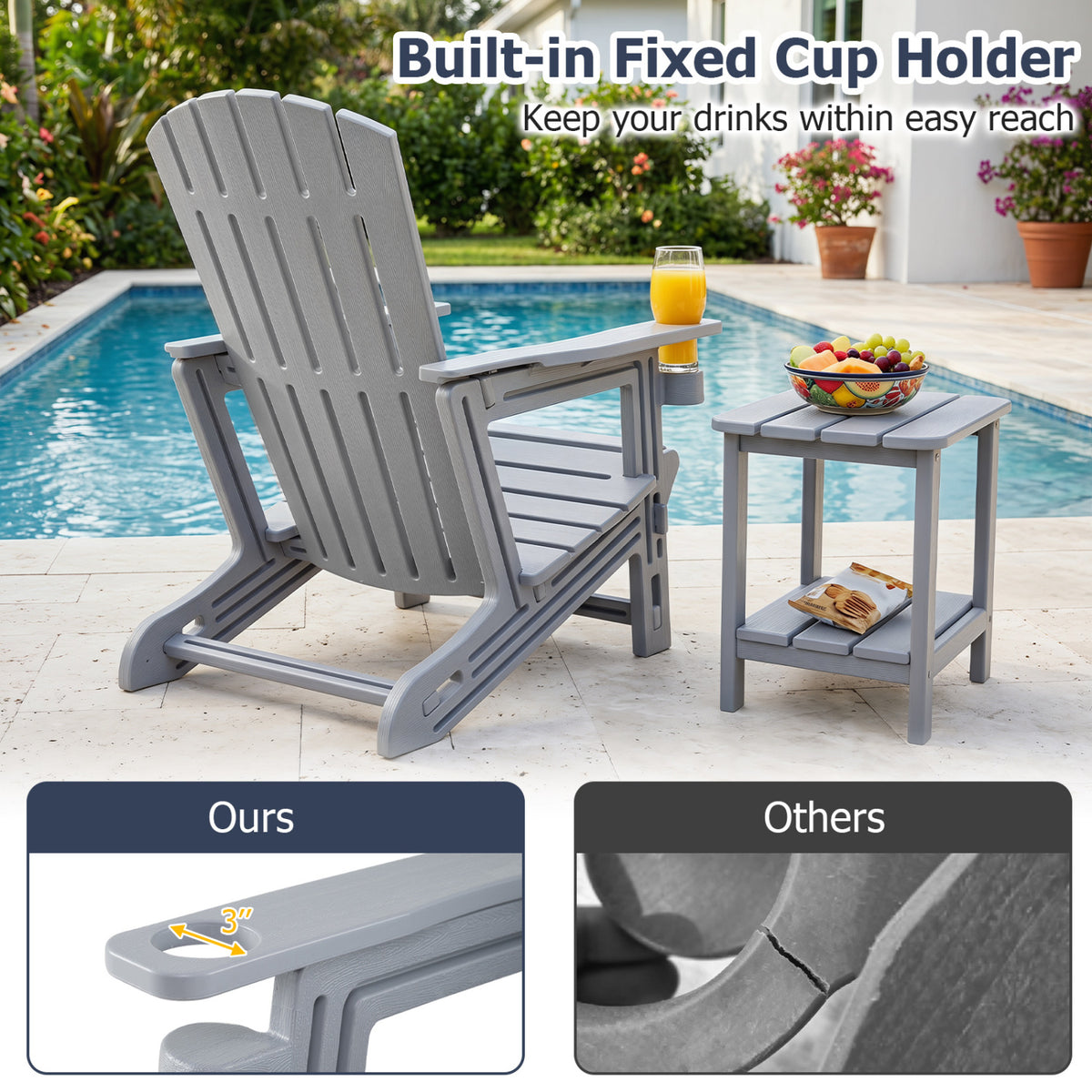 HDPE Adirondack Chair with Cup Holder and Wood-Like Texture High Back for Garden