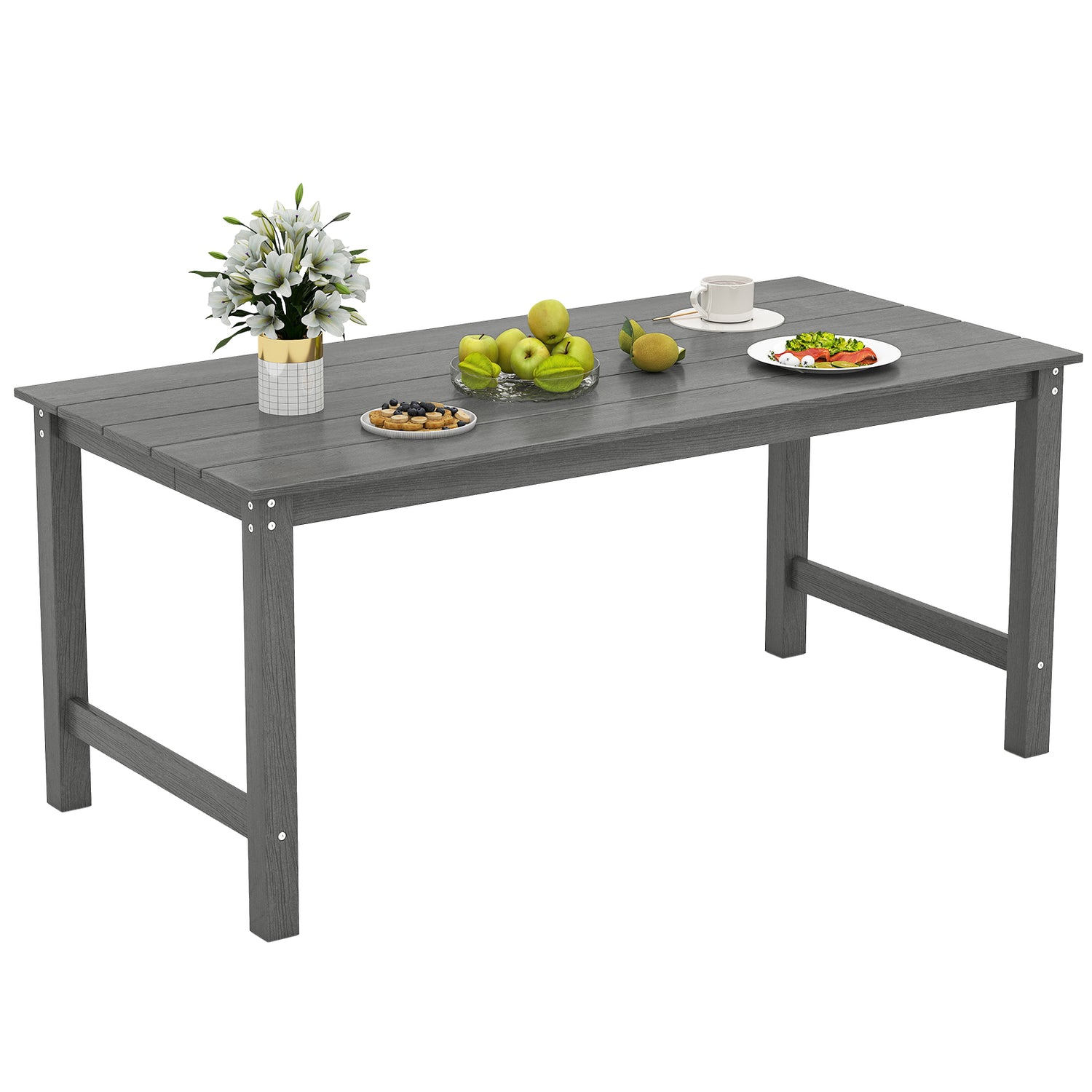 HDPE Outdoor Dining Table for 6 Person with Wood-Like Tabletop and Umbrella Hole