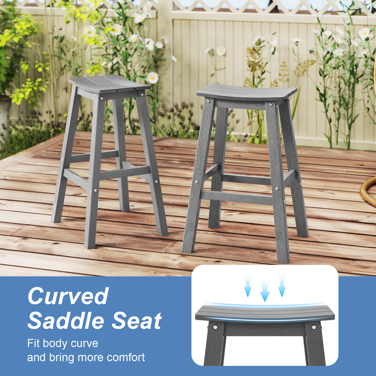 29 Inch HDPE Patio Bar Stool Set of 2 Armless Saddle Stools