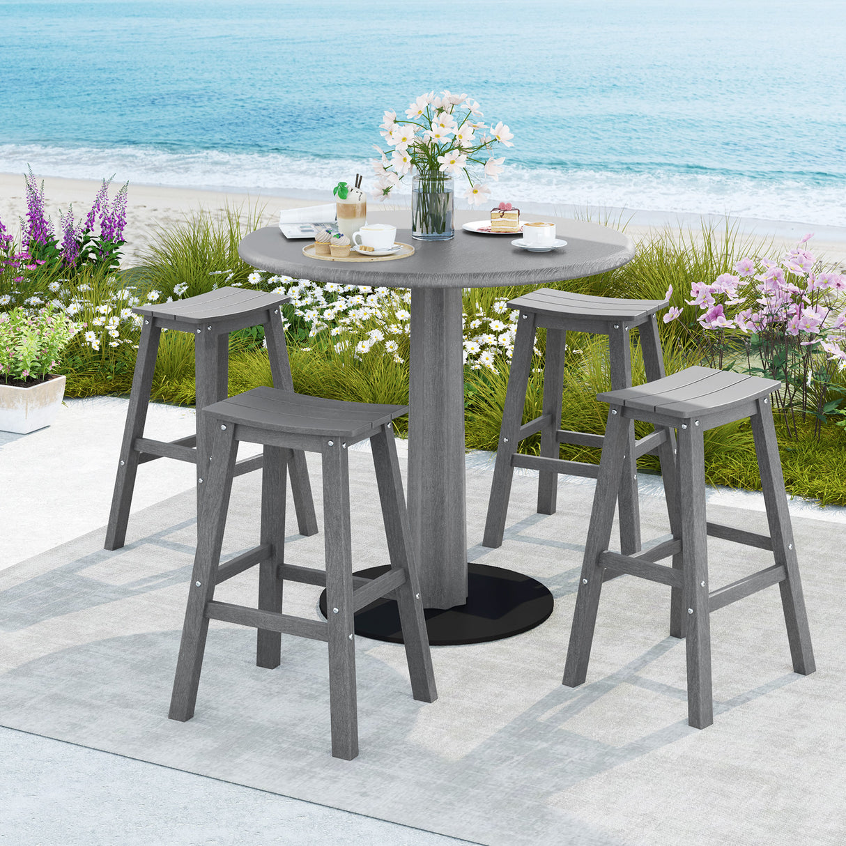 29 Inch HDPE Patio Bar Stool Set of 2 Armless Saddle Stools