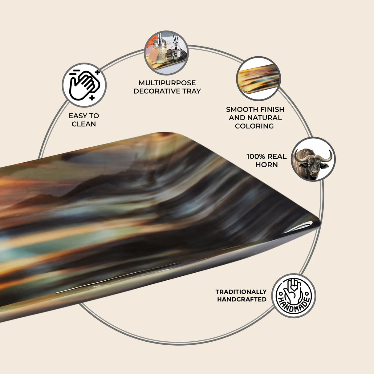 Decorative Horn Vanity Serving Tray in 4x7 inch, Black & Brown