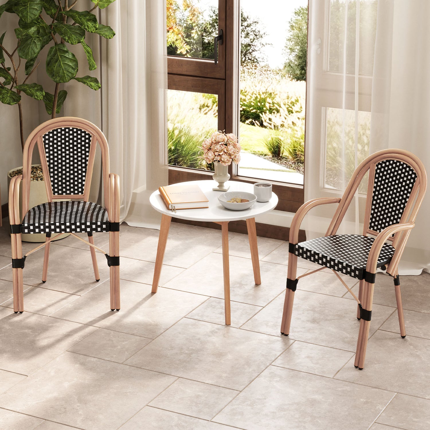 Hand-Woven PE Wicker Outdoor French Bistro Chairs Set of 2