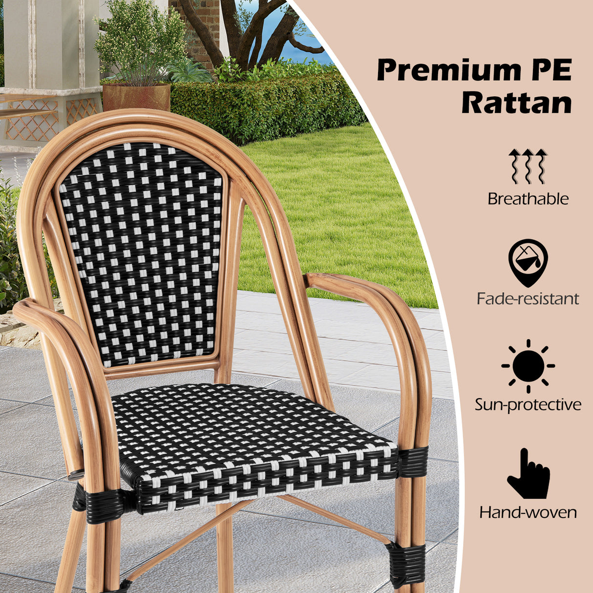 Hand-Woven PE Wicker Outdoor French Bistro Chairs Set of 2