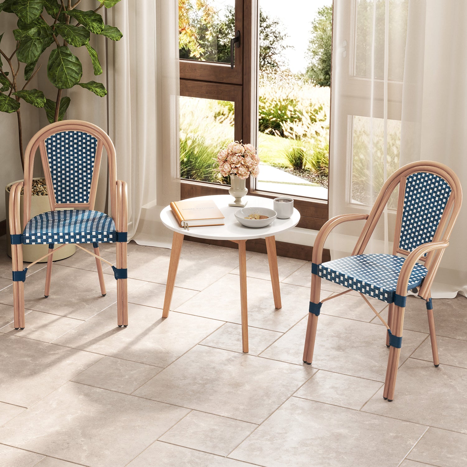 Hand-Woven PE Wicker Outdoor French Bistro Chairs Set of 2