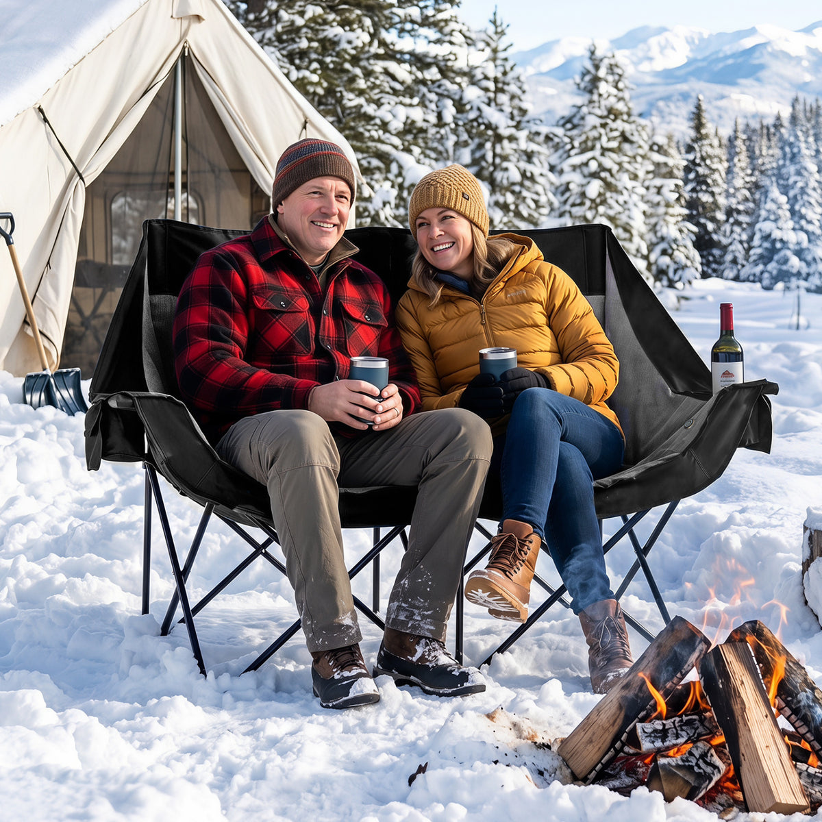 Heated Double Camping Chair with 4 Heating Zones and Wine Glass Holders