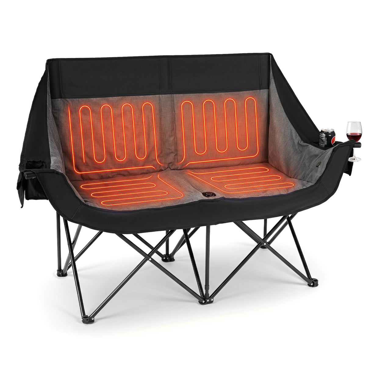 Heated Double Camping Chair with 4 Heating Zones and Wine Glass Holders