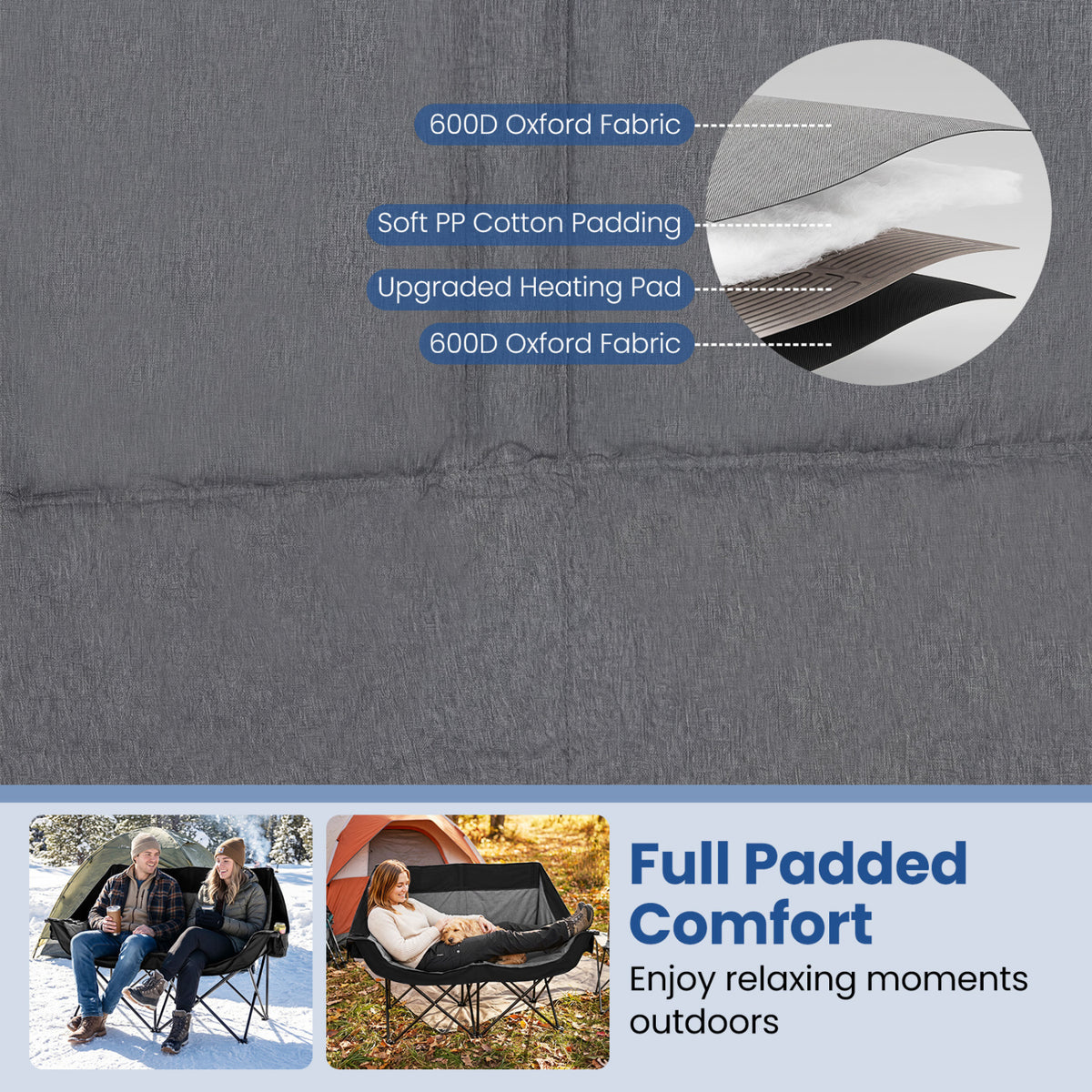Heated Double Camping Chair with 4 Heating Zones and Wine Glass Holders