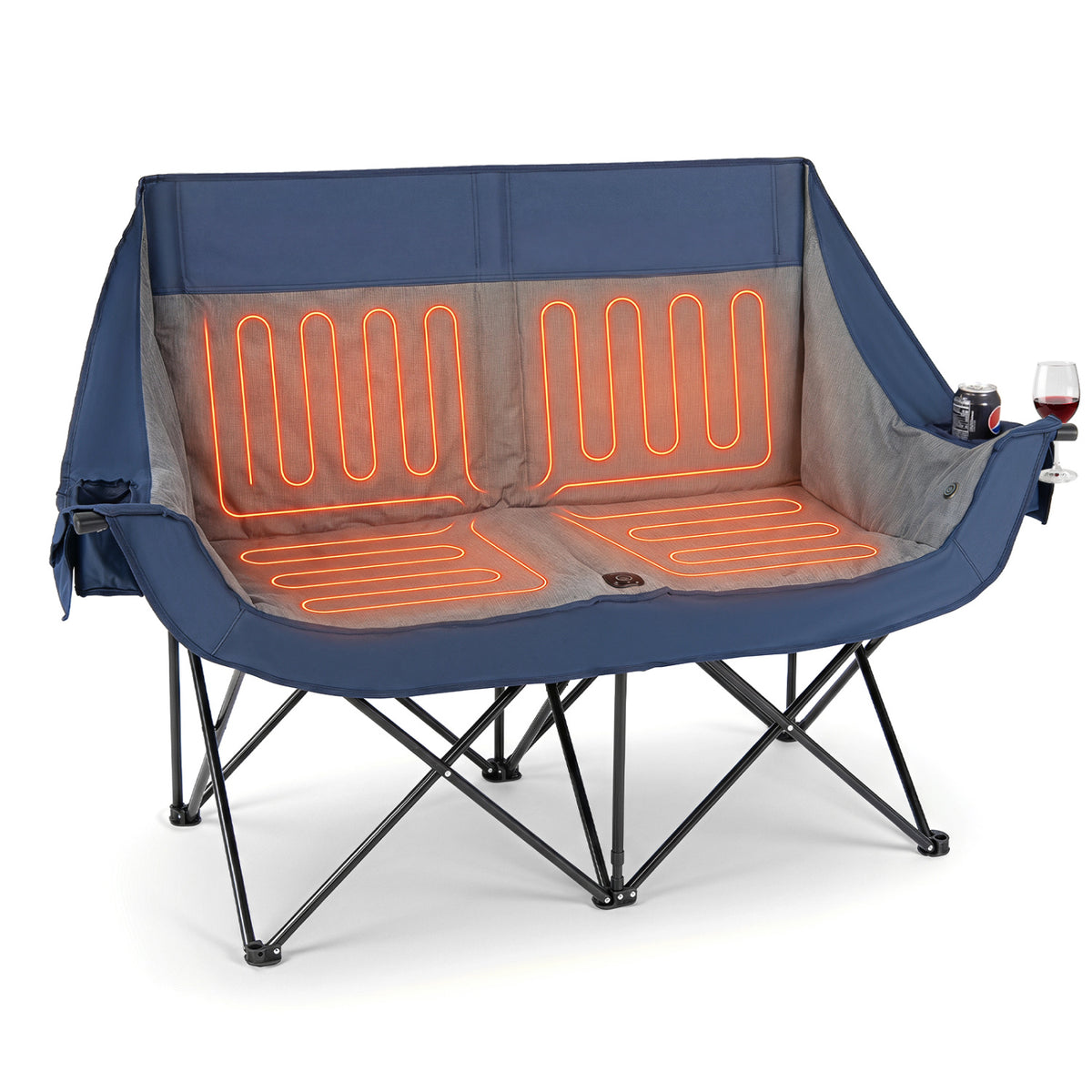 Heated Double Camping Chair with 4 Heating Zones and Wine Glass Holders