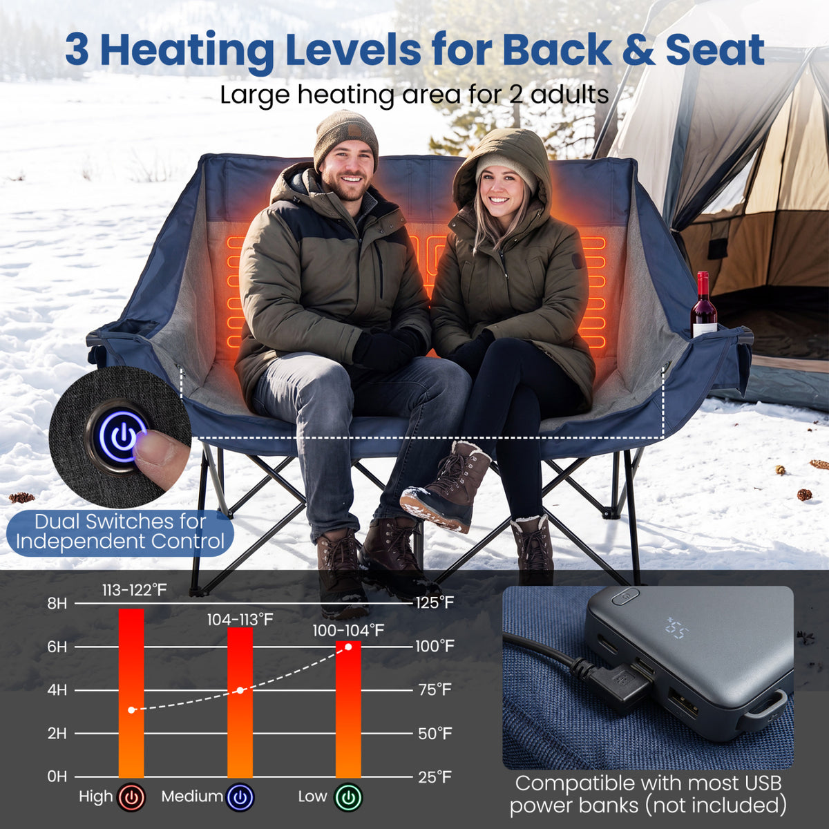 Heated Double Camping Chair with 4 Heating Zones and Wine Glass Holders