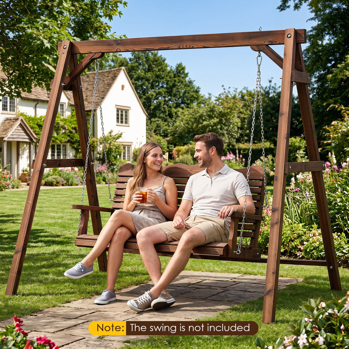 Heavy-Duty Carbonized Fir Wood Swing Frame with Reinforced Bars and 2 Hanging Rings-Brown