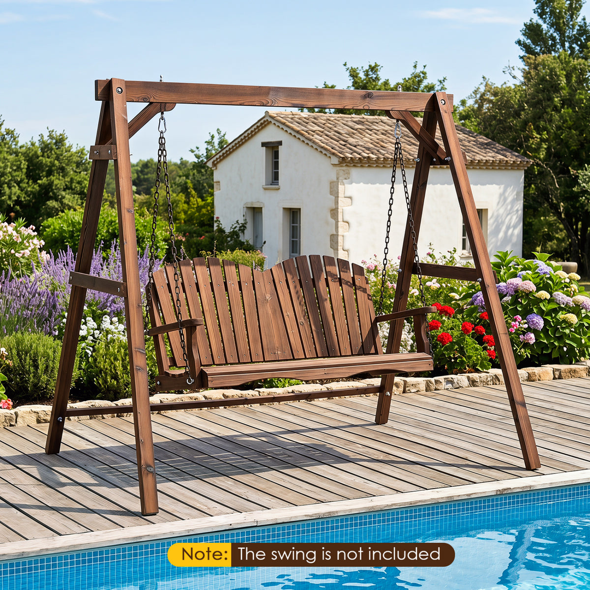 Heavy-Duty Carbonized Fir Wood Swing Frame with Reinforced Bars and 2 Hanging Rings-Brown