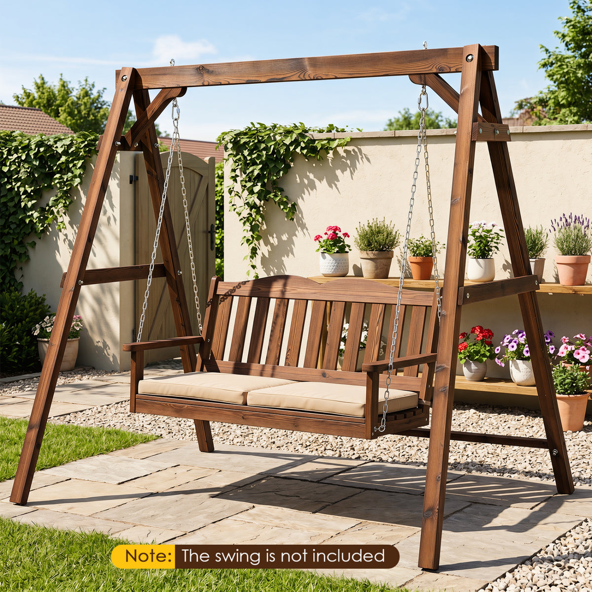 Heavy-Duty Carbonized Fir Wood Swing Frame with Reinforced Bars and 2 Hanging Rings-Brown