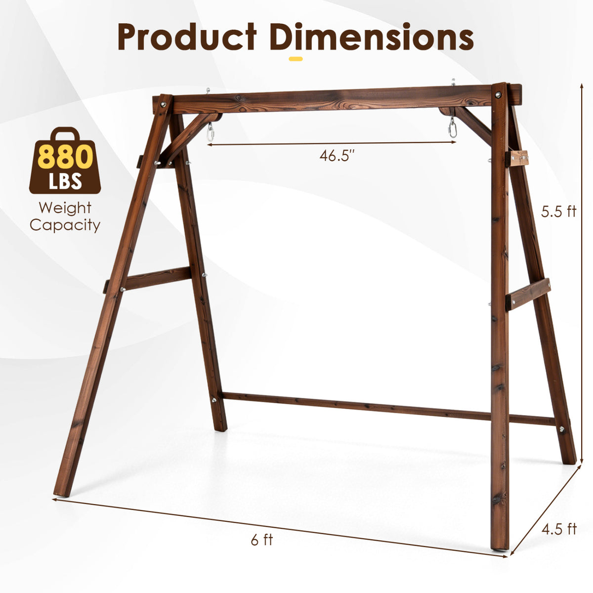 Heavy-Duty Carbonized Fir Wood Swing Frame with Reinforced Bars and 2 Hanging Rings-Brown
