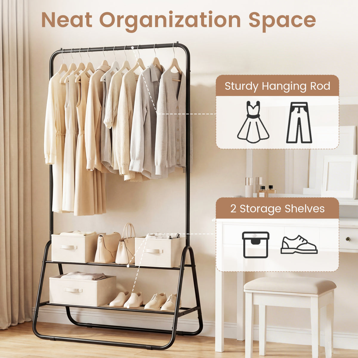 Heavy Duty Clothes Rack with Hanging Rod and Storage Shelves