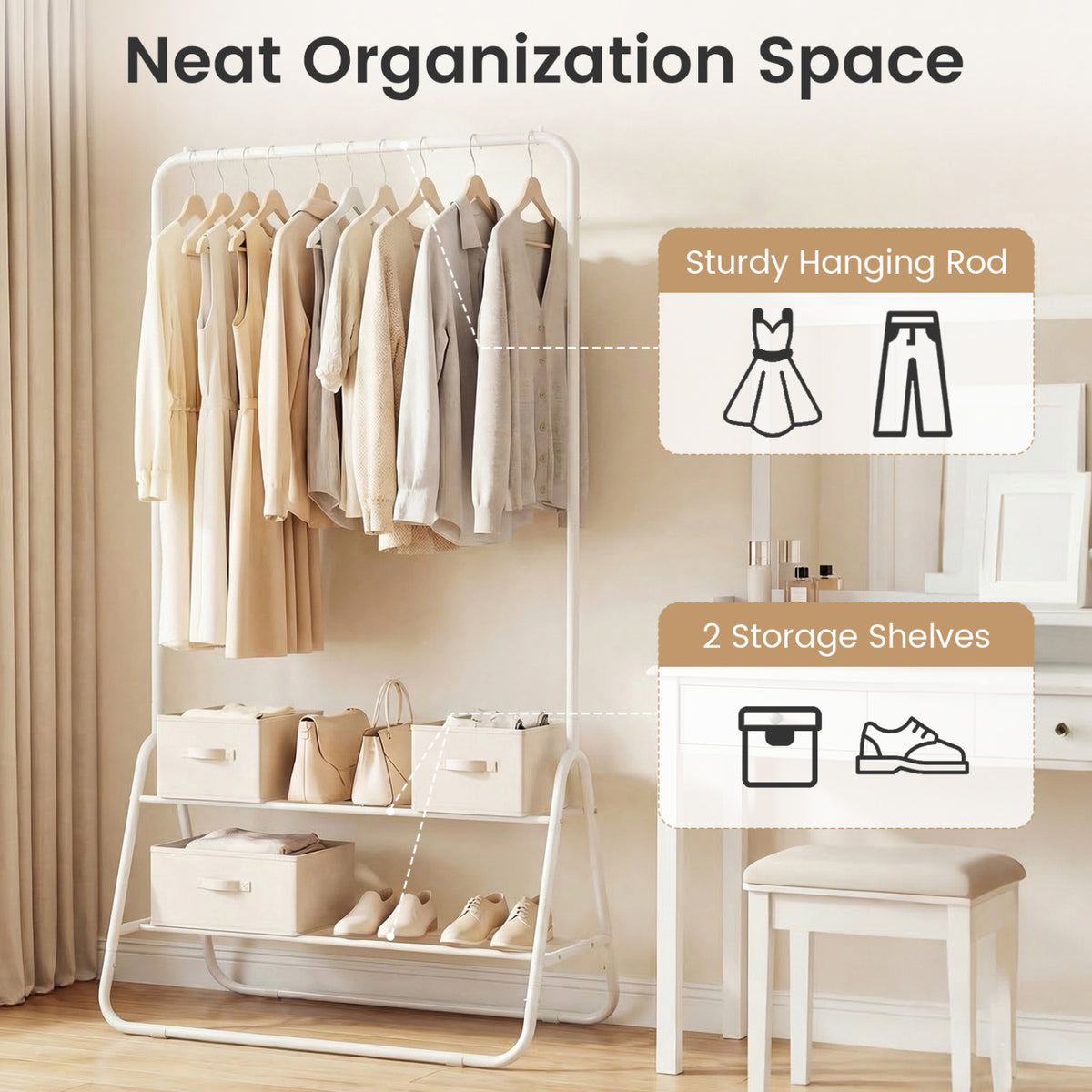 Heavy Duty Clothes Rack with Hanging Rod and Storage Shelves