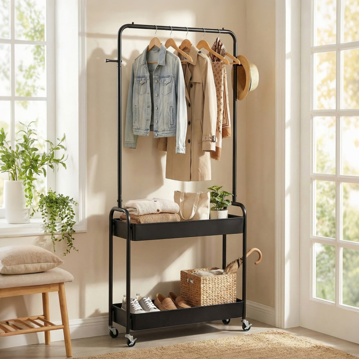 Heavy-Duty Laundry Cart with Hanging Rod and 2 Storage Baskets for Bedroom