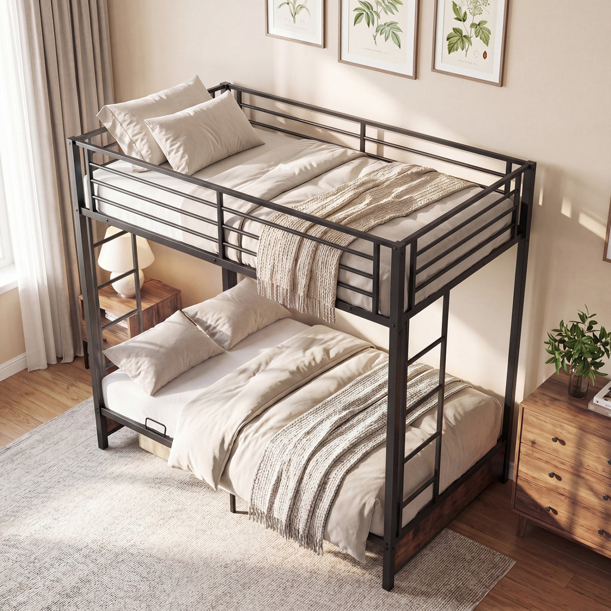 Heavy Duty Metal Bunk Bed Frame with Headboard and Footboard-Rustic Brown