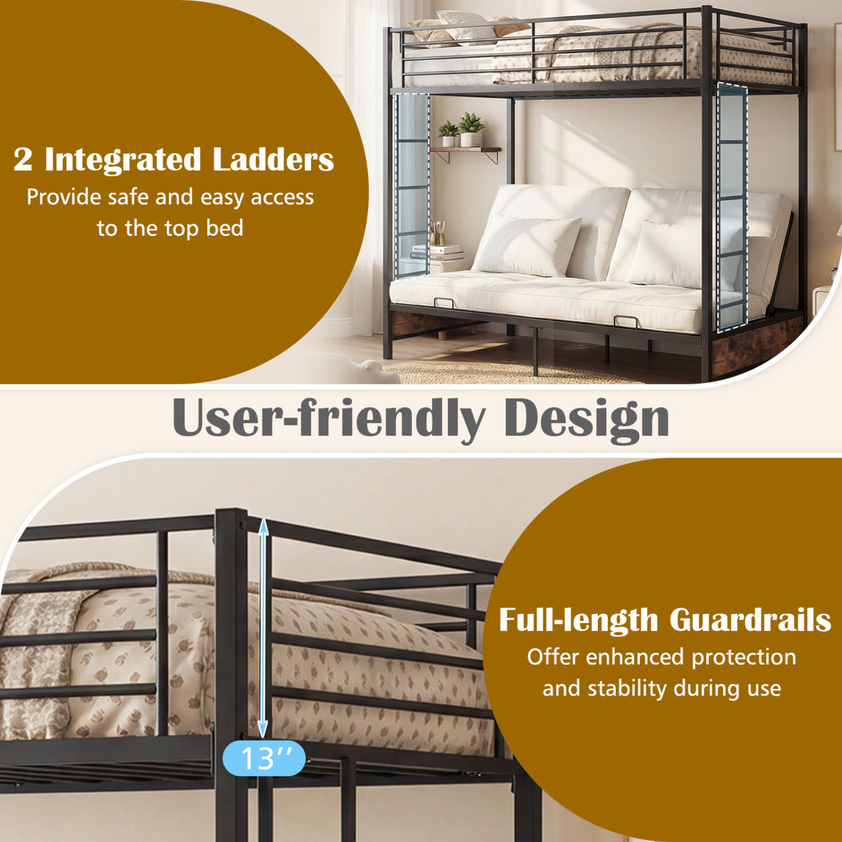 Heavy Duty Metal Bunk Bed Frame with Headboard and Footboard-Rustic Brown