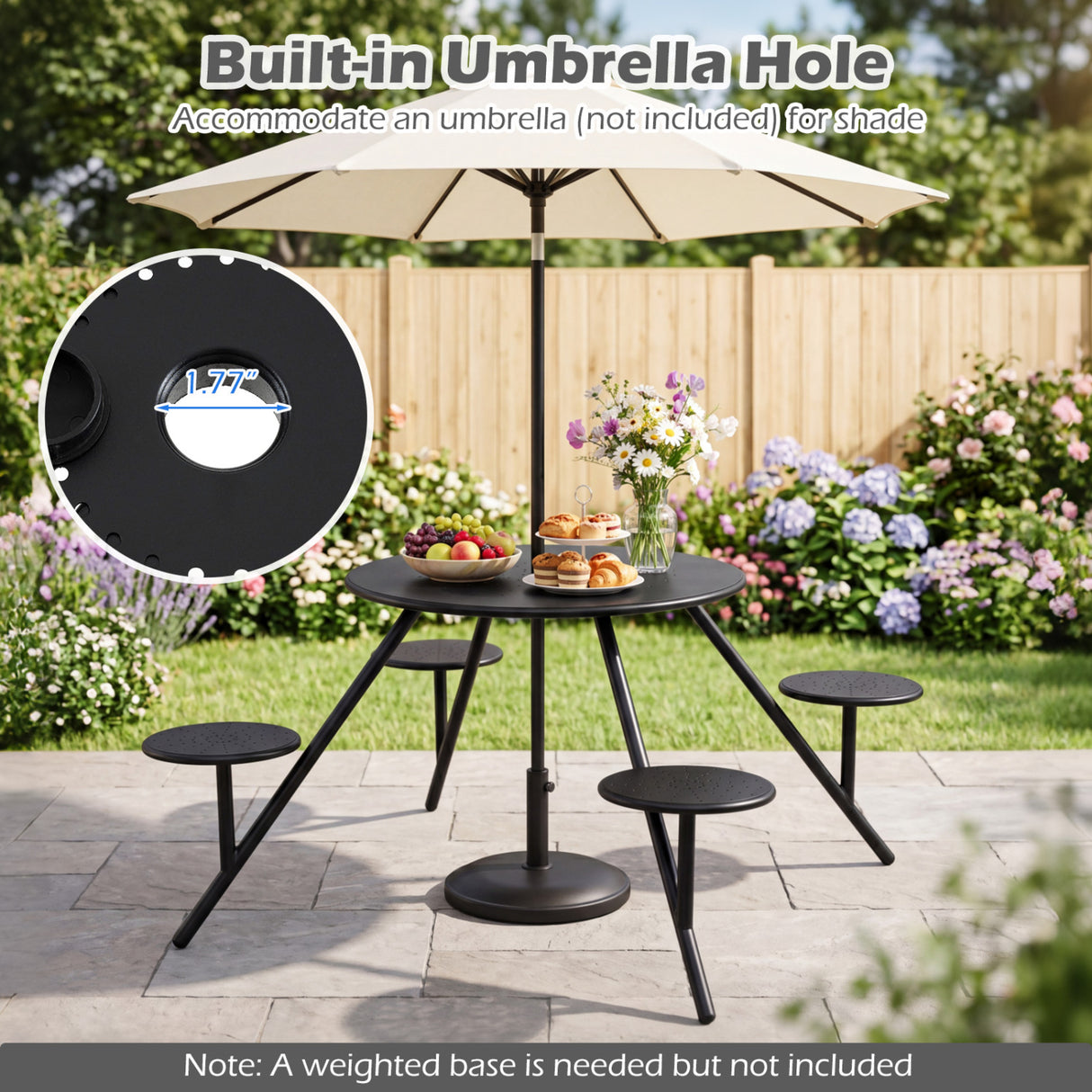 Heavy Duty Round Picnic Table for 4 with Iron Seats & Umbrella Hole-Black