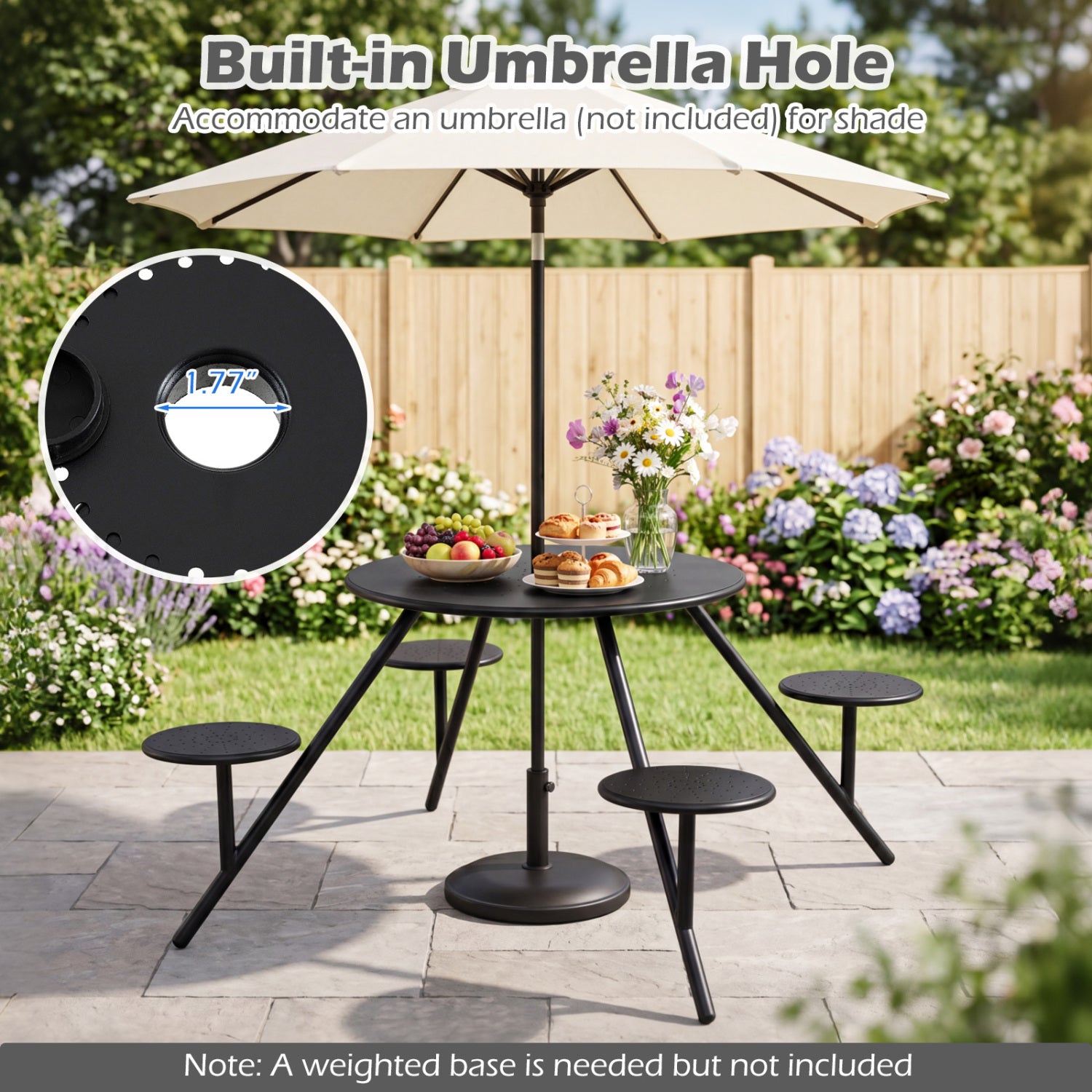 Heavy Duty Round Picnic Table for 4 with Iron Seats & Umbrella Hole-Black