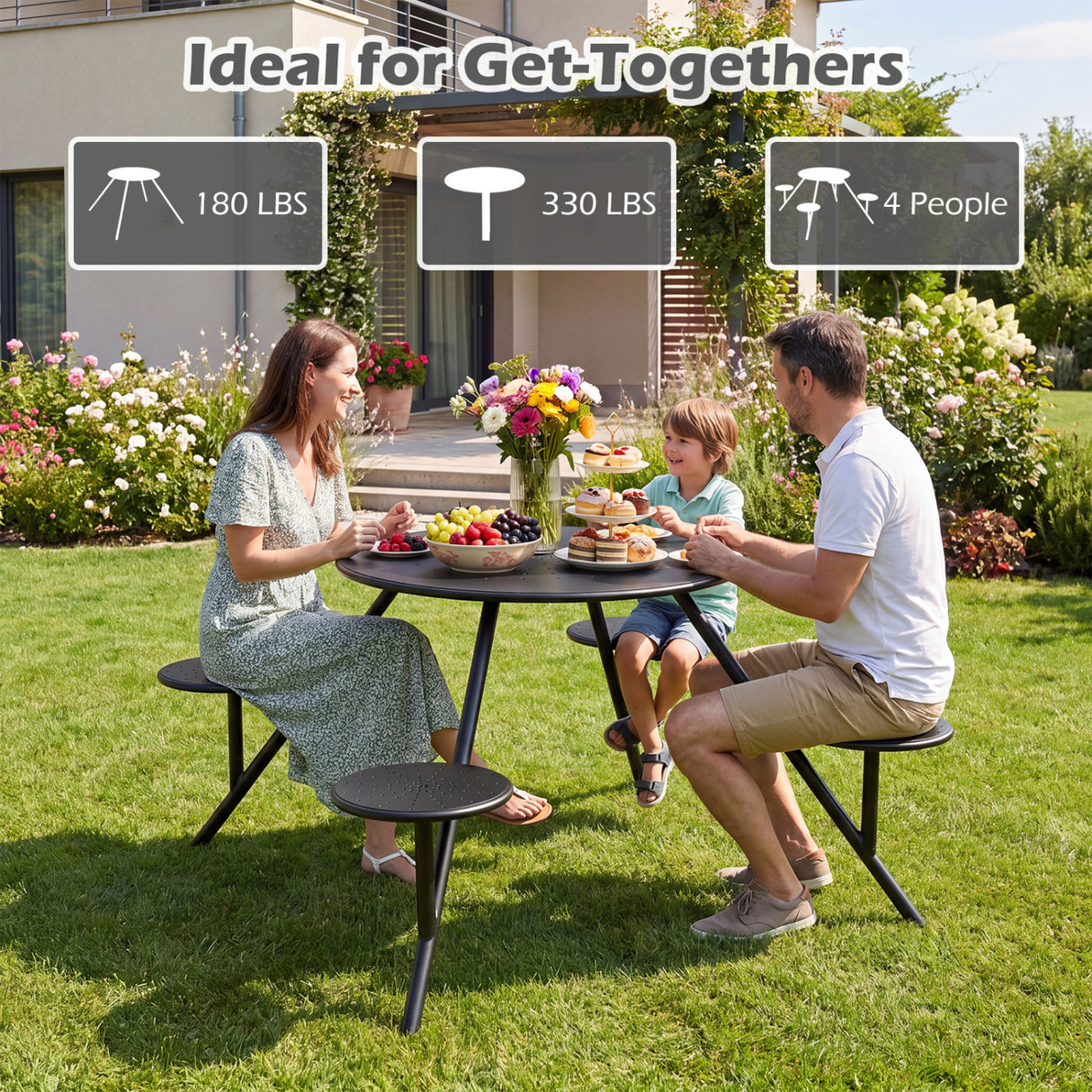 Heavy Duty Round Picnic Table for 4 with Iron Seats & Umbrella Hole-Black