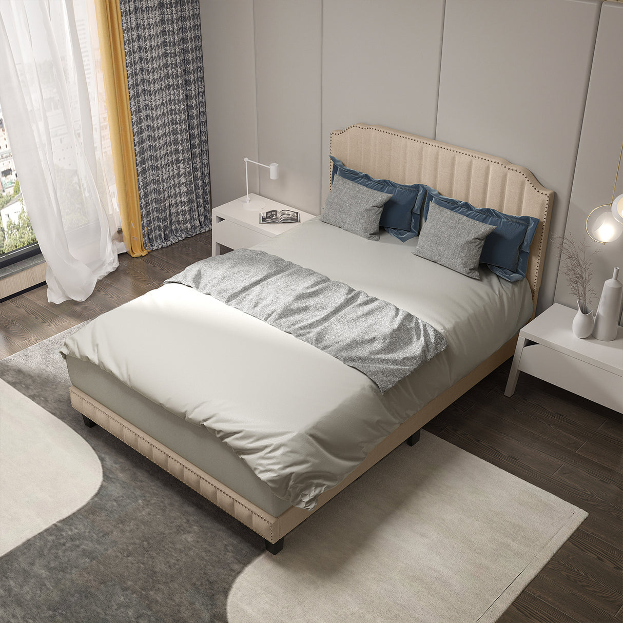 Heavy Duty Upholstered Bed Frame with Rivet Headboard-Full Size