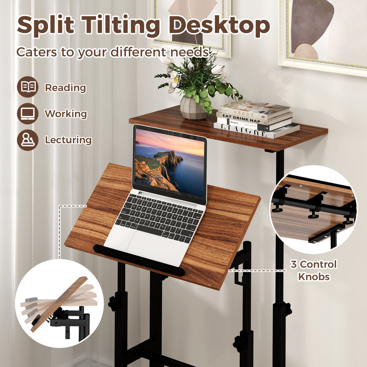 Height-adjustable Mobile Standing Desk with Split Top and Adjustable Angle
