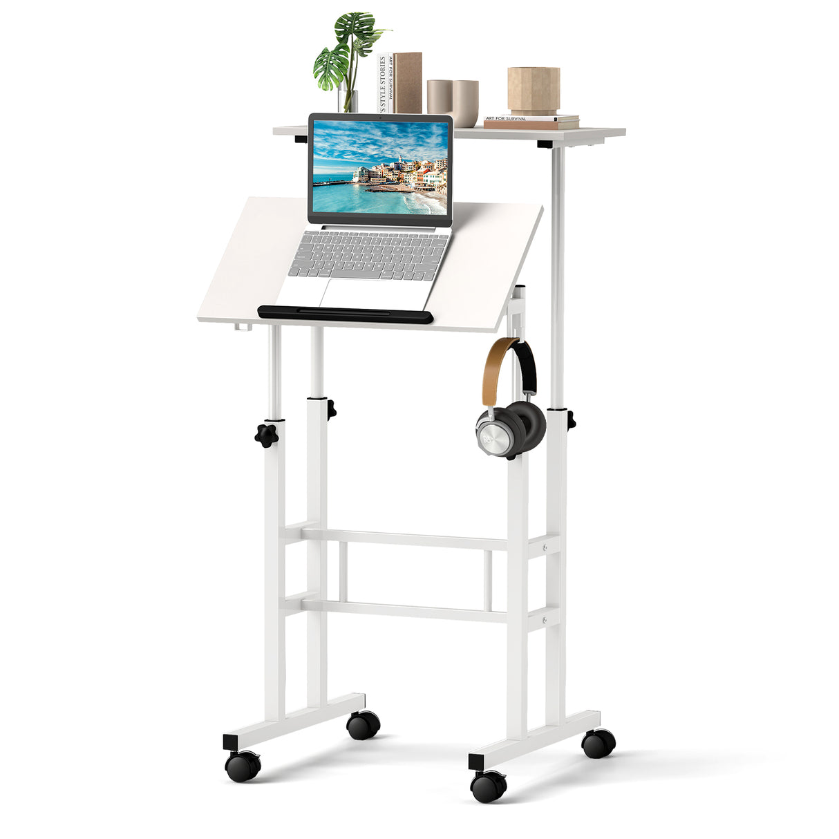 Height-adjustable Mobile Standing Desk with Split Top and Adjustable Angle
