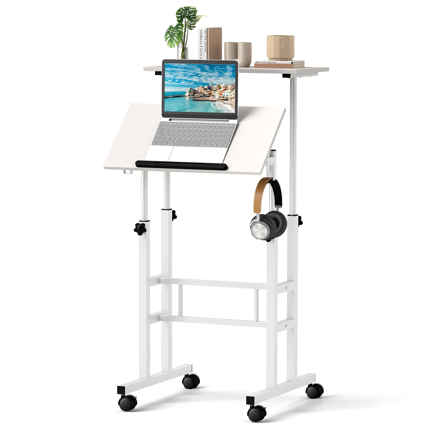 Height-adjustable Mobile Standing Desk with Split Top and Adjustable Angle