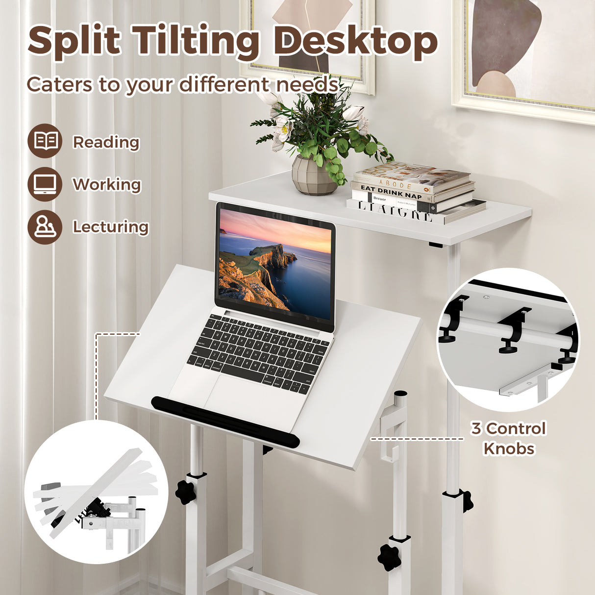 Height-adjustable Mobile Standing Desk with Split Top and Adjustable Angle