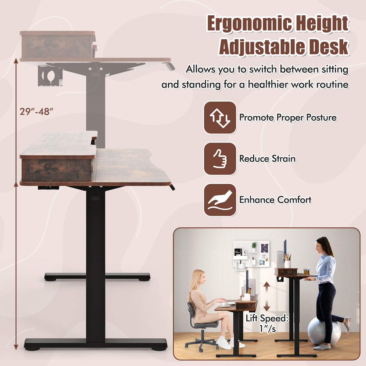 55 Inch x 24 Inch Height Adjustable Electric Standing Desk with 2 Drawers