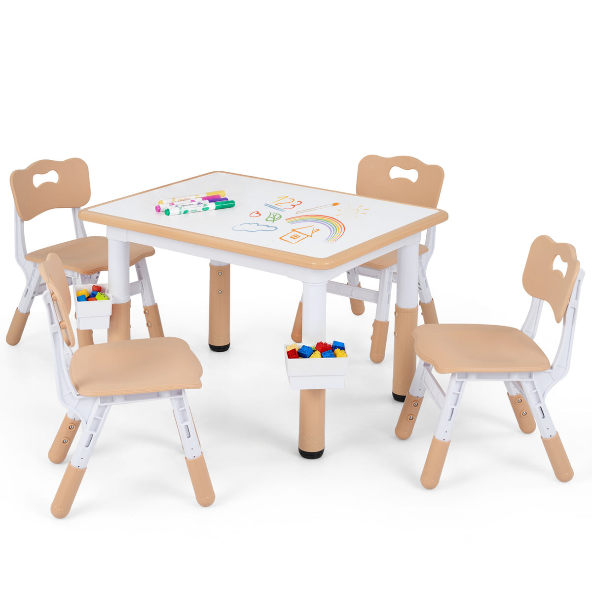 Height Adjustable Kids Table and 4 Chairs Set with Graffiti Desktop and 2 Storage Baskets