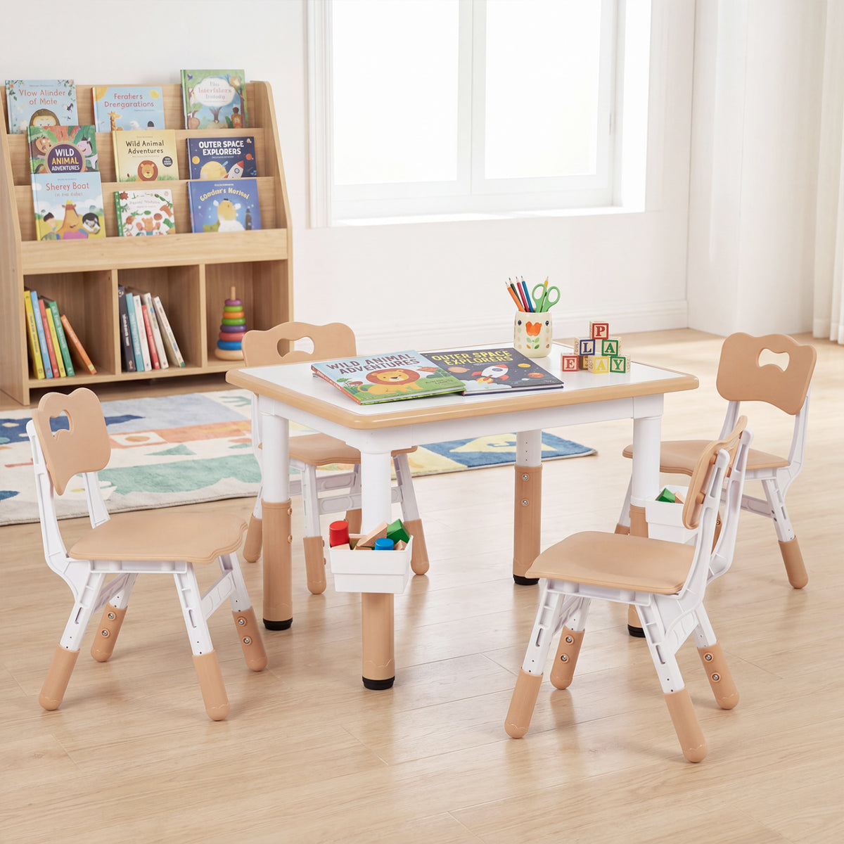 Height Adjustable Kids Table and 4 Chairs Set with Graffiti Desktop and 2 Storage Baskets