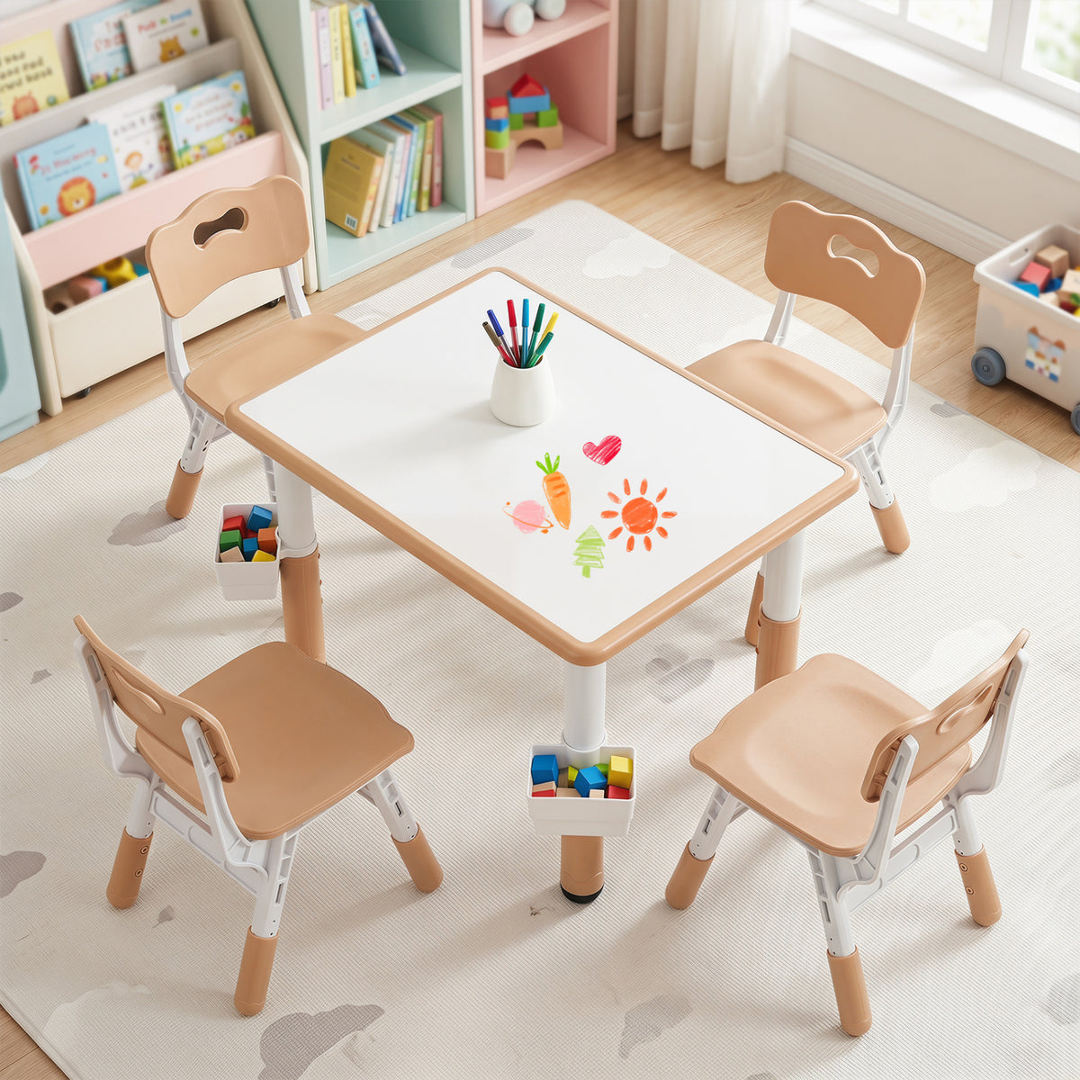Height Adjustable Kids Table and 4 Chairs Set with Graffiti Desktop and 2 Storage Baskets