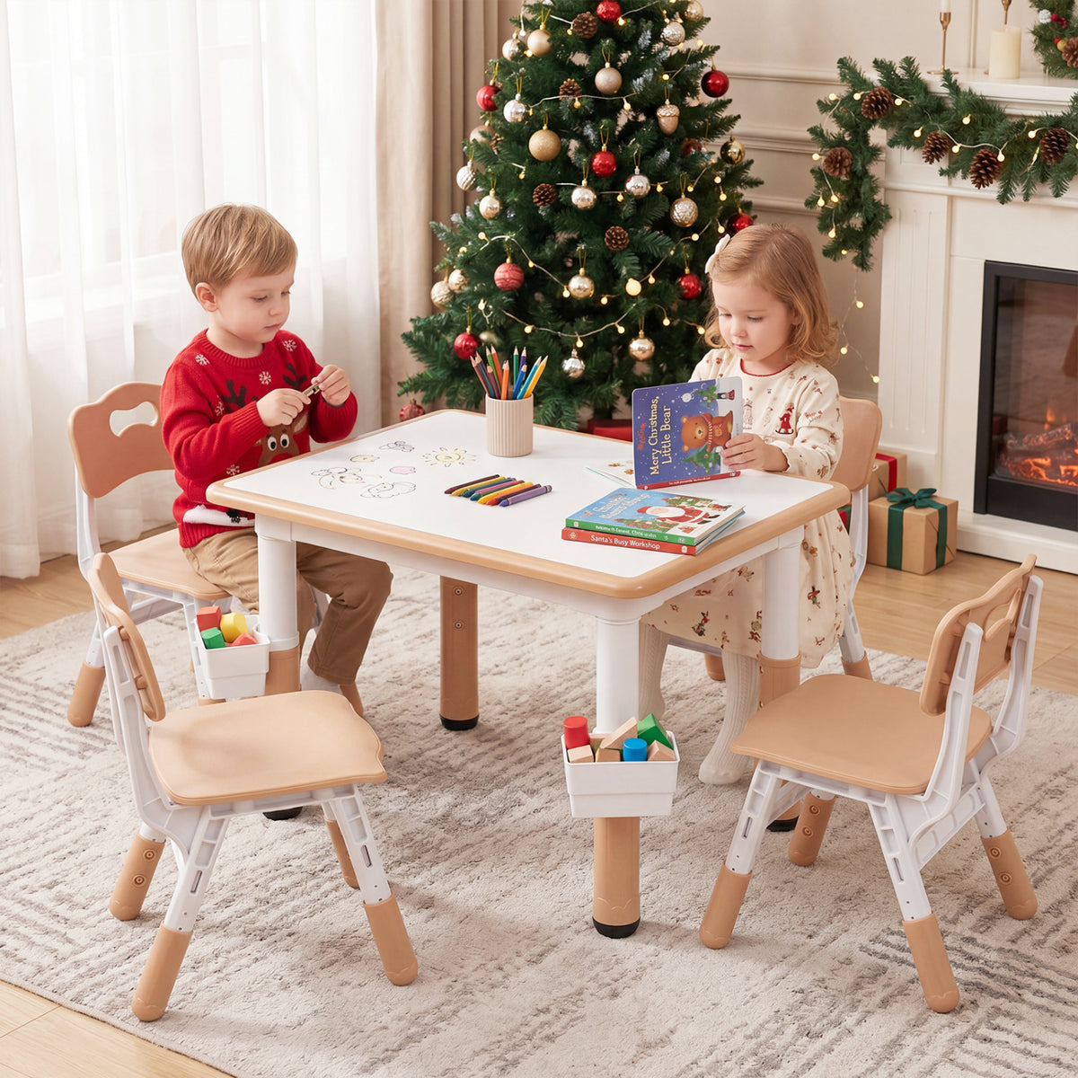 Height Adjustable Kids Table and 4 Chairs Set with Graffiti Desktop and 2 Storage Baskets