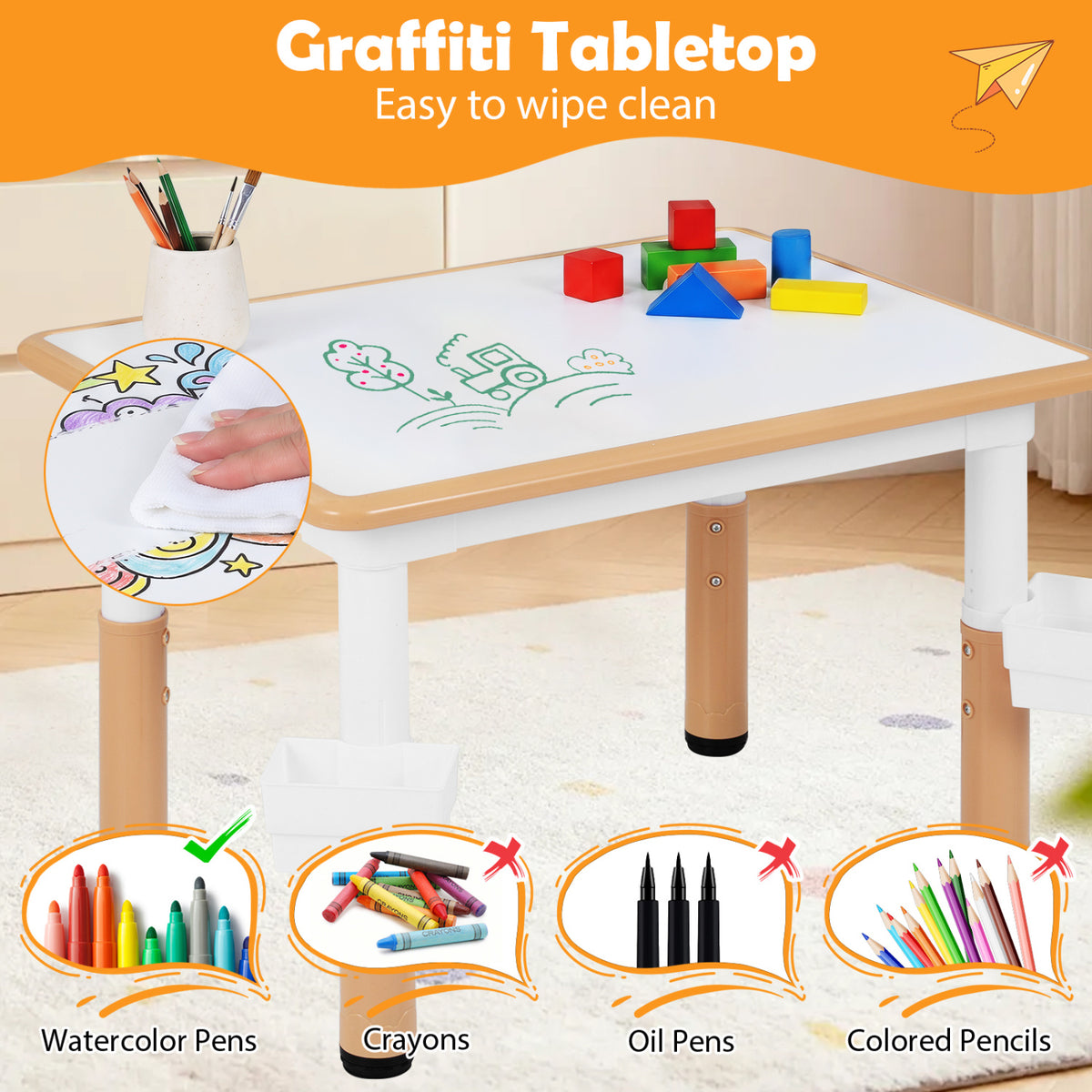 Height Adjustable Kids Table and 4 Chairs Set with Graffiti Desktop and 2 Storage Baskets